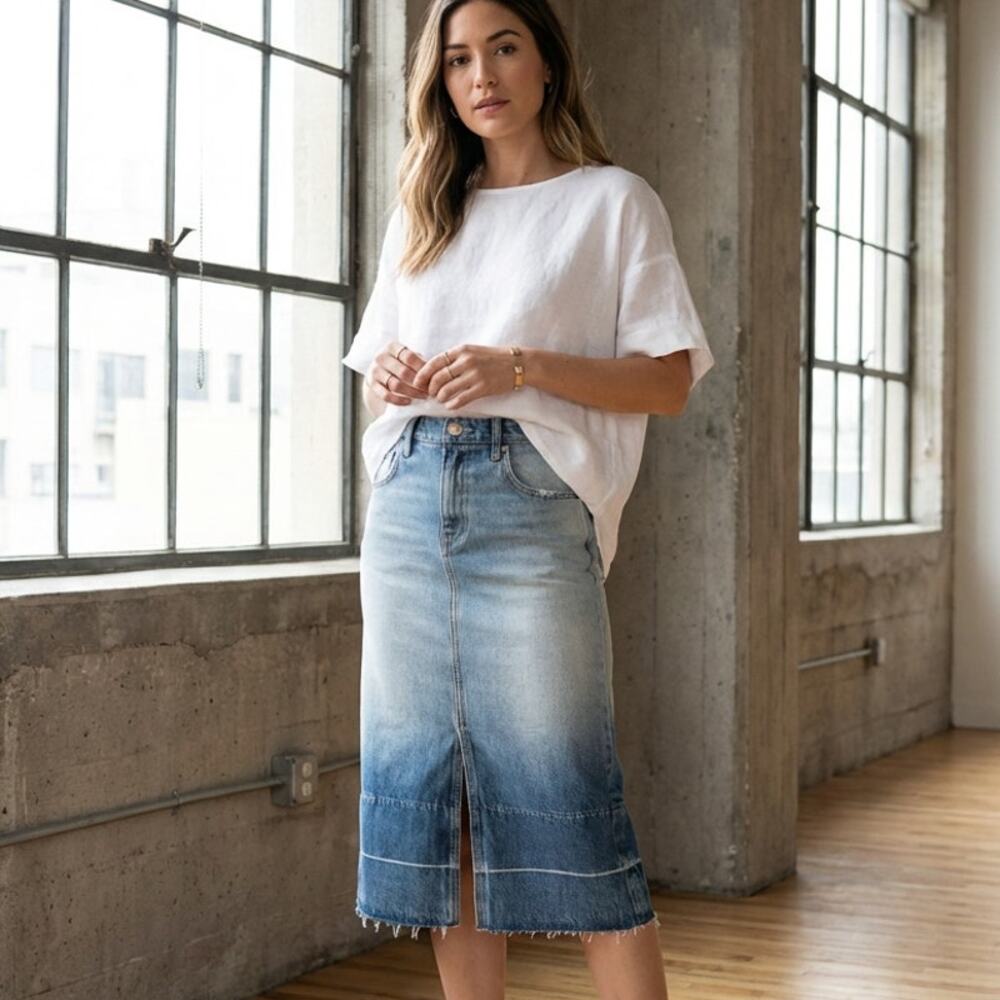 Current/Elliott The Slit Denim Ombre Straight Midi Raw Hem Skirt, size 27